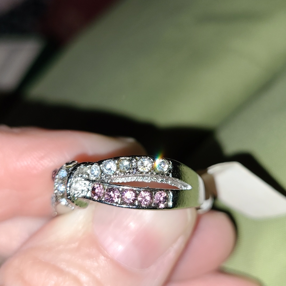 Pink & Clear Crystal Rhinestone Criss-Cross Bow Style Silver-tone Ring Size 8 - Picture 5 of 10